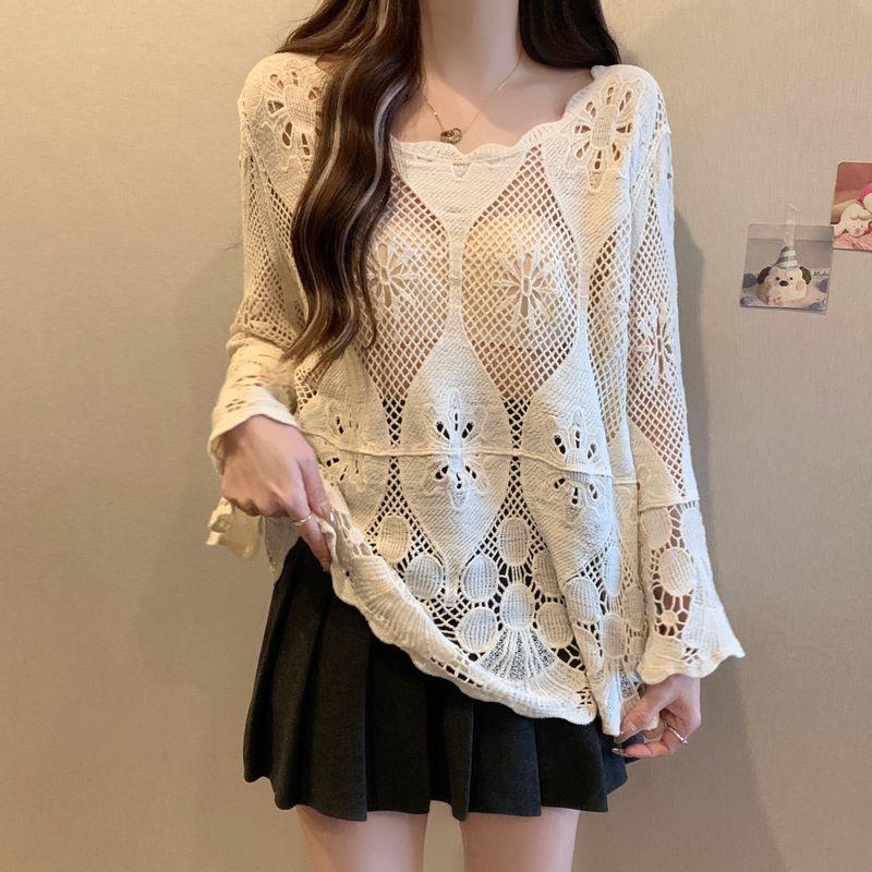 

Autumn New Plus size women clothing Hollow Crochet Bell Sleeve Knit Loose Top Design Sunscreen Cover up Outdoor Apricot color 4XL
