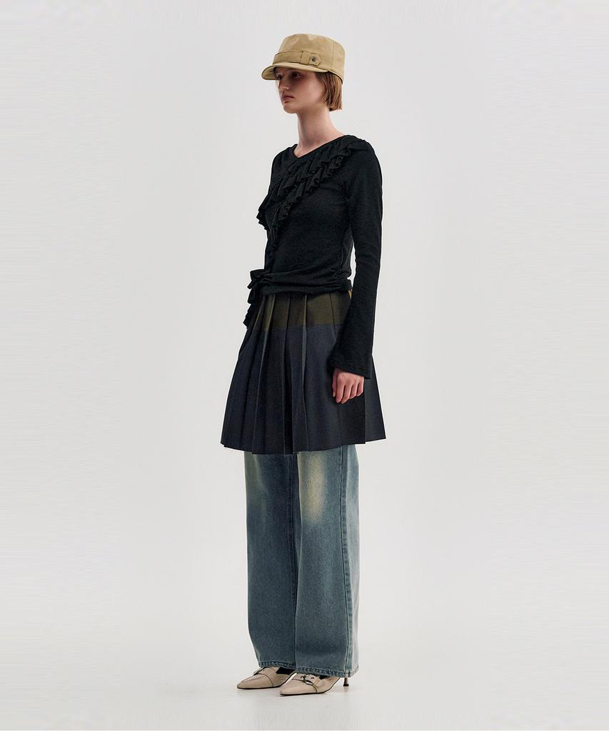 Kimjisu Diagonal Ruffle Jersey Top _ Black