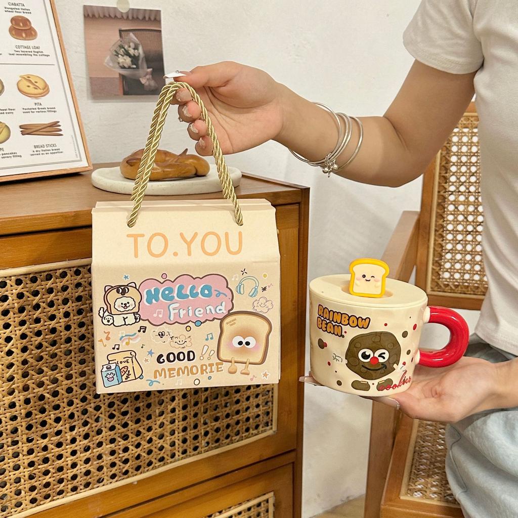 Cute Ceramic Cup Household Mug with Lid Spoon Cartoon Water Cup Female Student Dormitory Breakfast Milk Coffee Cup