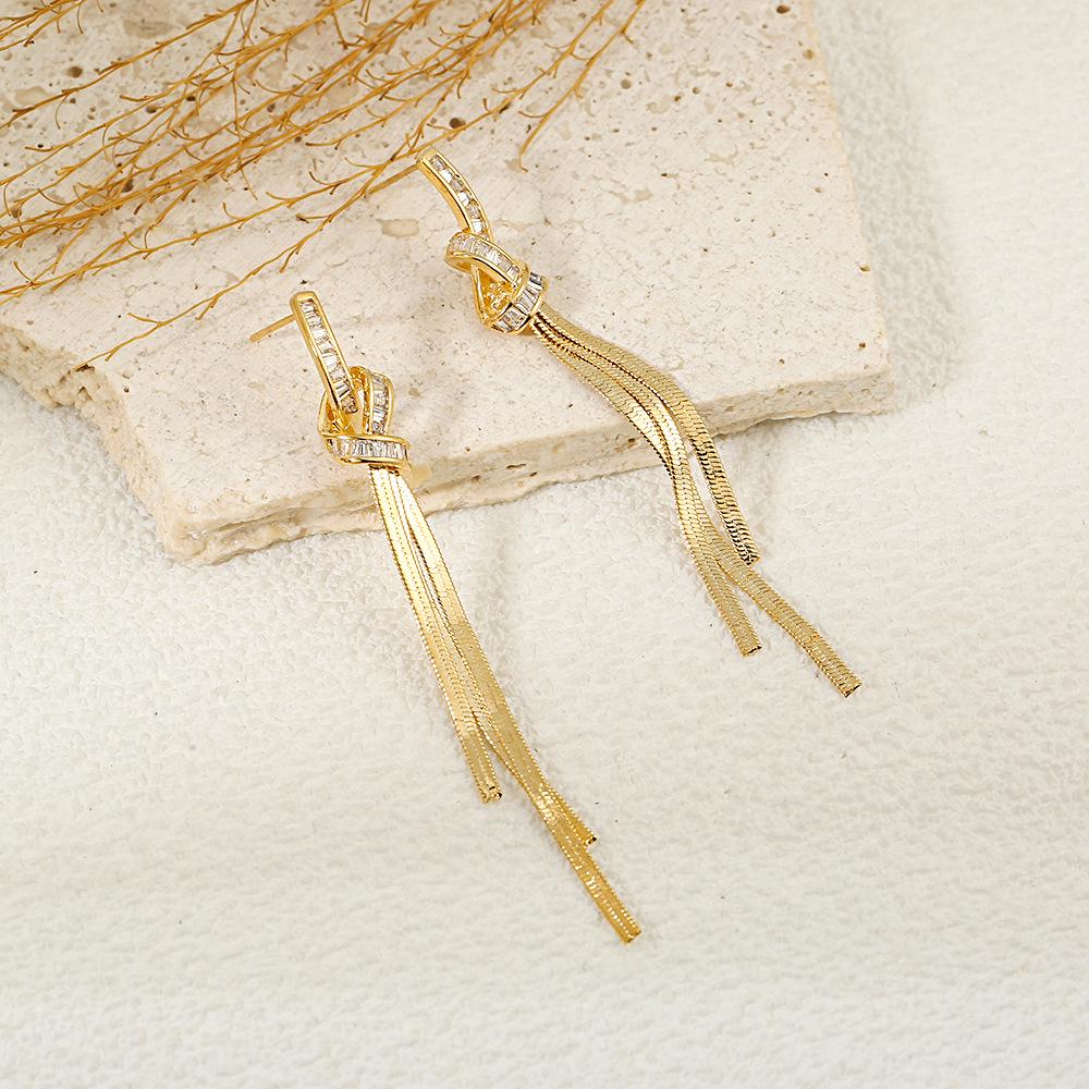Gold-Plated Zirconia Knotted Tassel Stud Earrings: Trendy, Luxurious, Long, and Lightweight