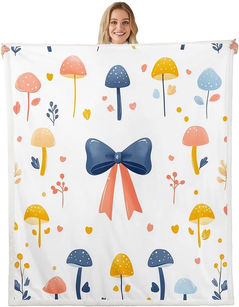 Blue Bow Pattern Blanket Soft Fleece Throw Elegant Home Decor Gift for Women Girls Bedroom Bedding Cover