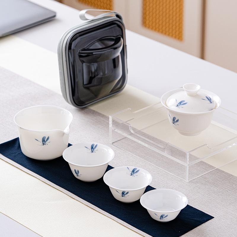 Dehua White Porcelain Suet Jade Travel Tea Set Outdoor Portable Tea Set Car Out Kung Fu Tea Set Storage Bag