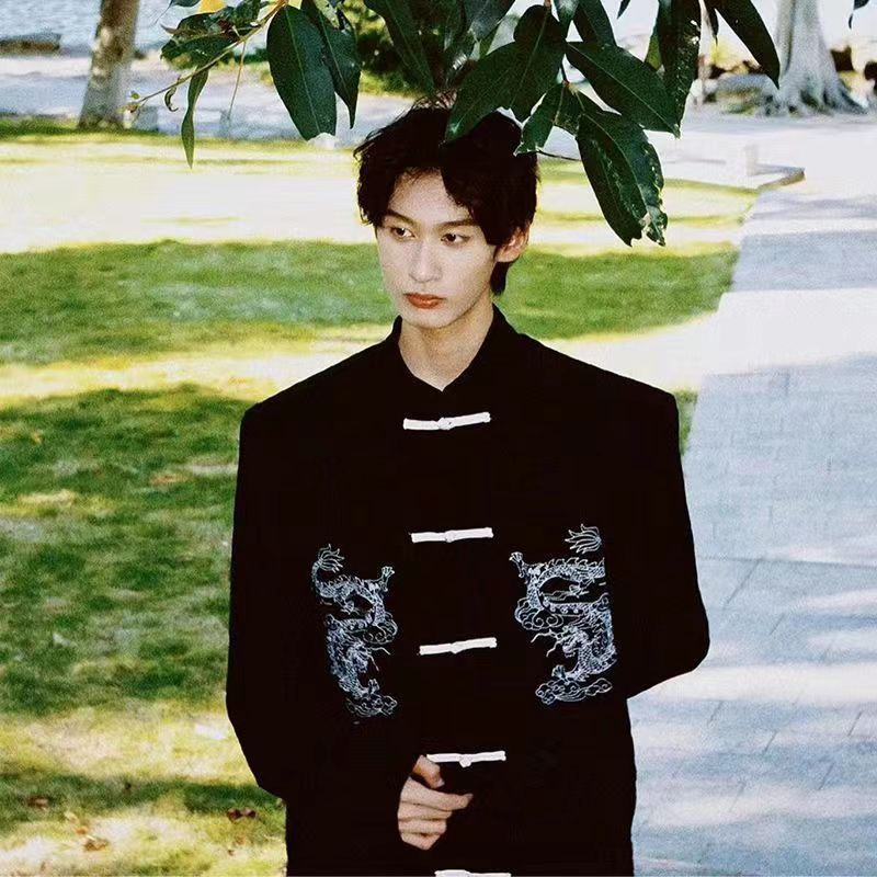 Set 2 bucăți în stil chinezesc cu nasturi cu dragon brodat cămașă jachetă costum Tang Costum bărbați