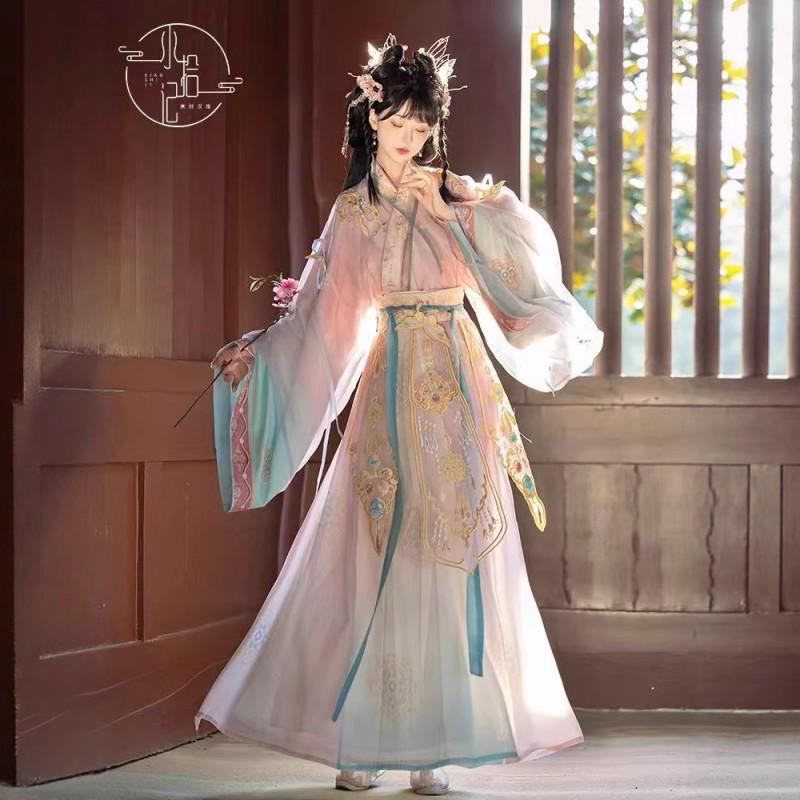 Womens Hanfu Style Ruqun Set Ancient Jin Dynasty Inspired Wide Sleeve Embroidered Floral Daily Wear