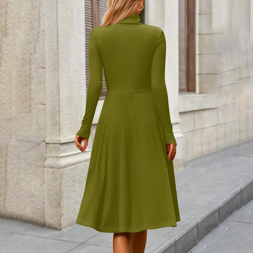 Vestido Midi Casual de Moda Feminina com Gola Alta e Mangas Longas em Cor