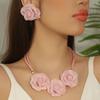 Ensemble de 3 pièces Mode Rétro Denim Rose Collier Ensemble, Boucles d'Oreilles Fleur Trois Dimensions Multi-couches