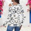 Women Plus Size Asymmetric Cutout Neck Cold Shoulder Long Sleeve Bicycle Printed White Fitted Top