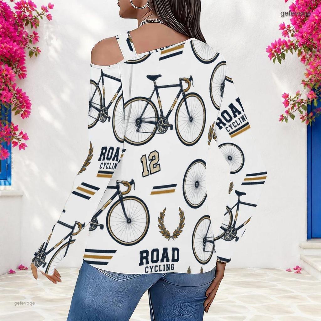 Women Plus Size Asymmetric Cutout Neck Cold Shoulder Long Sleeve Bicycle Printed White Fitted Top