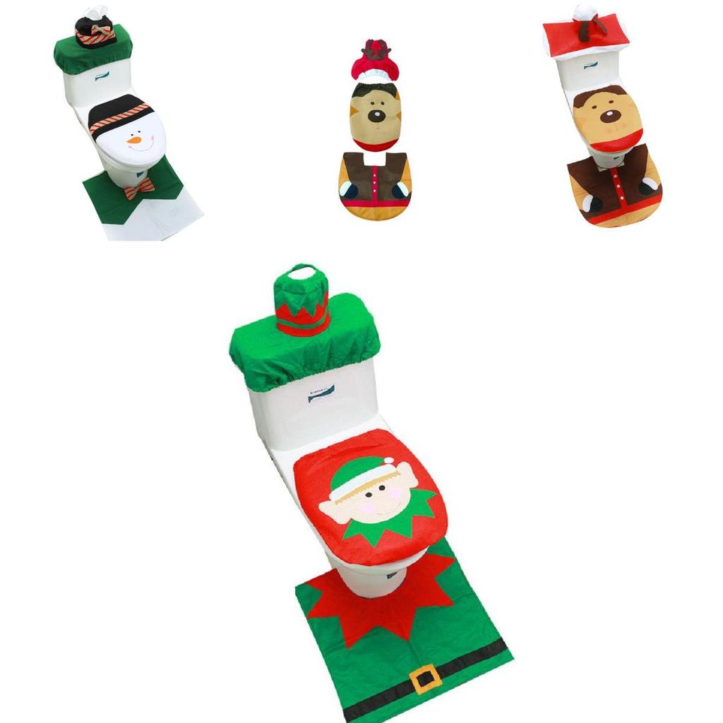 Festliches Weihnachts-WC-Sitzbezug-Set mit Weihnachtsmann-, Schneemann- und Rentiermotiven