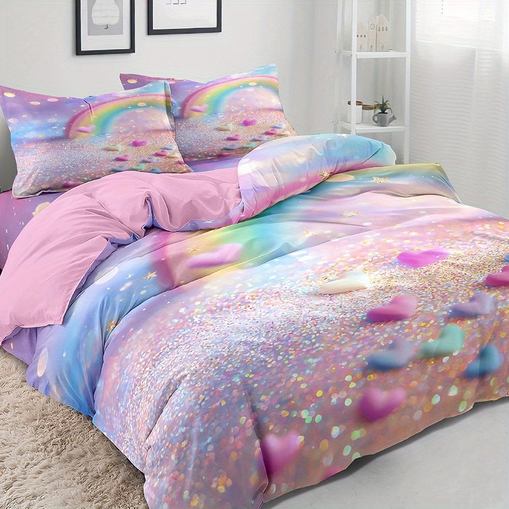 

3D Blurry Color Glitter Plush Heart Duvet Cover Set, Breathable 100% Polyester Bedding with Zipper Closure, Machine Washable (135x200cm)