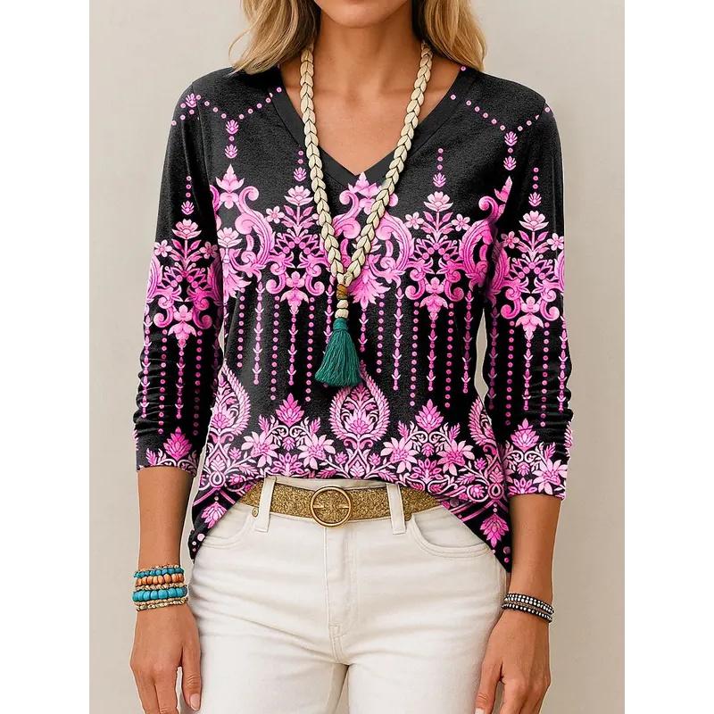 Tunic Graphic Paisley V-Neck Long Sleeve Women's T-shirts Elegant Trendy Vintage T-shirts Regular Pullover Tops