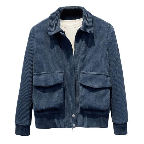 Men Corduroy Jacket Lapel Long Sleeve Flap Pockets Full Zipper Closure Solid Color Jacket Casual Outerwear