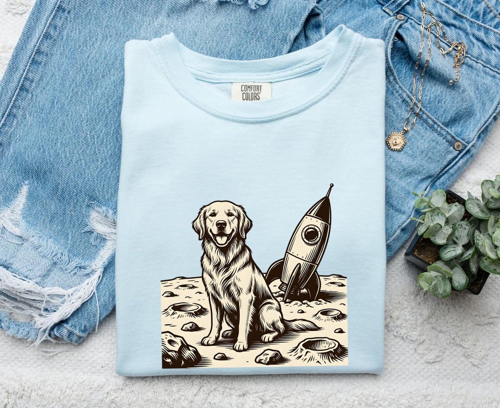 Golden Retriever Shirt Dog Astronomy Gift Women Engraving Tee Retriever T-Shirt Dog Fan Puppy Tshirt Space Graphic Retro Rocket Tshirt M