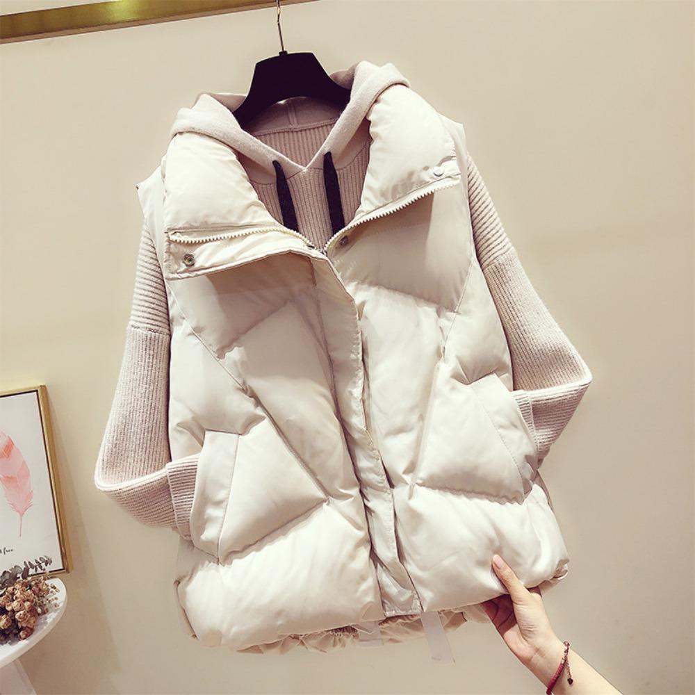 Women's Autumn & Winter Waistcoat – Lady's Sleeveless Cotton-Padded Vest Jacket with Zippered Pockets, Solid-Color Padded Outerwear