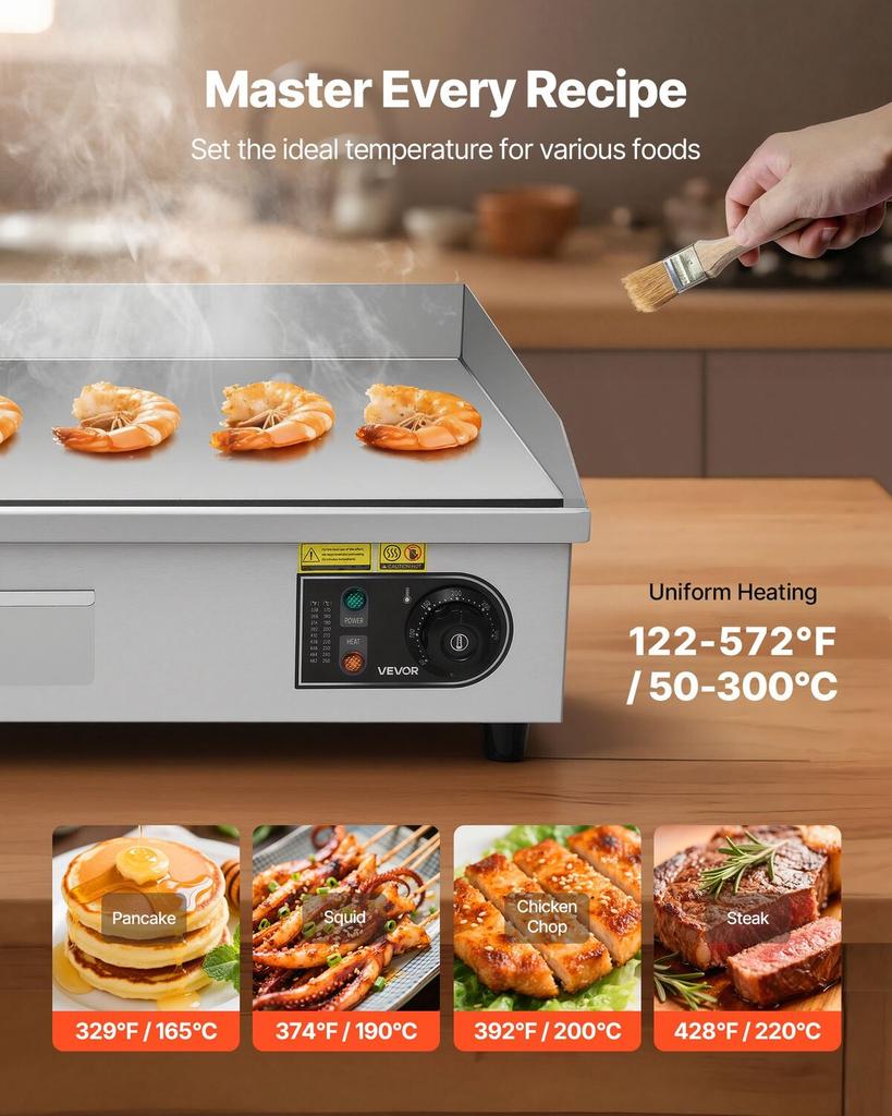 Commercial Electric Griddle, 725 X 400 Mm, 4400W, 50-300°C Adjustable Temp Control, Stainless Steel Countertop, Half Grooved Half Flat, with 2