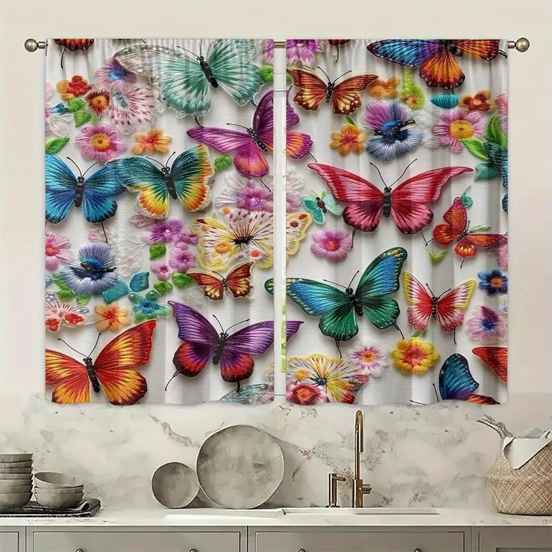 2 Pcs Colorful Butterflies Print Curtains,suitable for Bedroom,living Room Kitchen Decoration,home Decoration,window Decoration