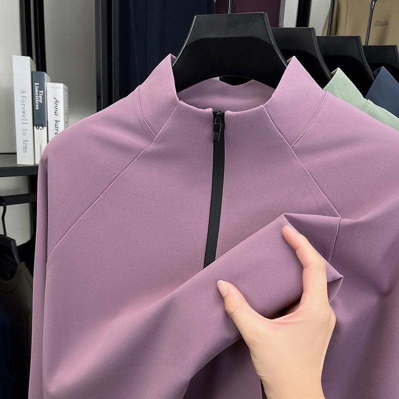 Men's Stand Up Collar Half Zipper Long Sleeve T-Shirt Autumn Solid Color Windproof Outdoor Commute Menswear