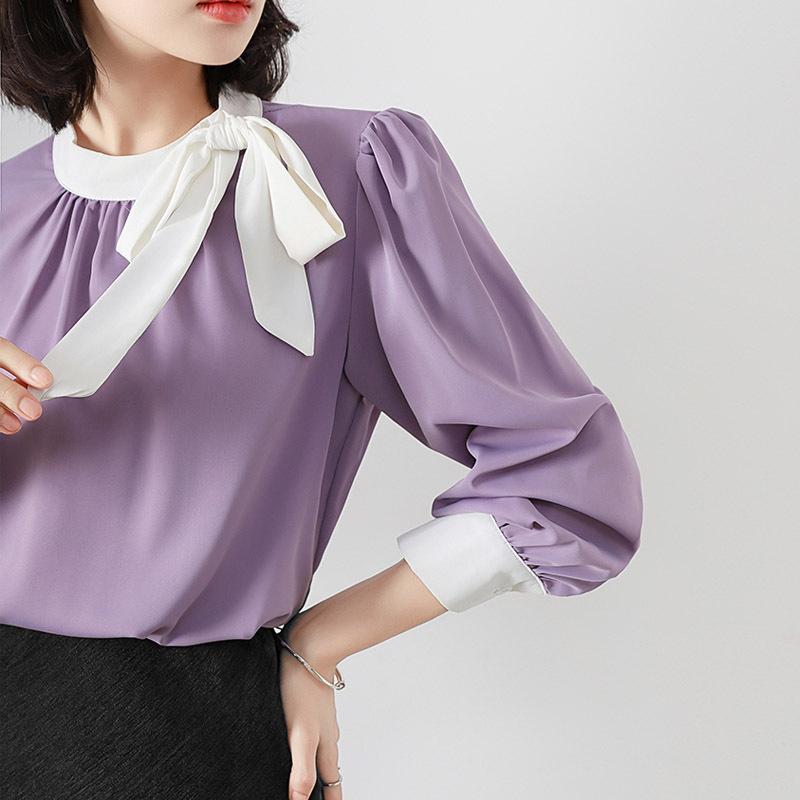 

Высококачественная шифоновая рубашка с бантом, цветовое сочетание, женская весенняя модель, темпераментный топ с длинными рукавами XL лавандовый