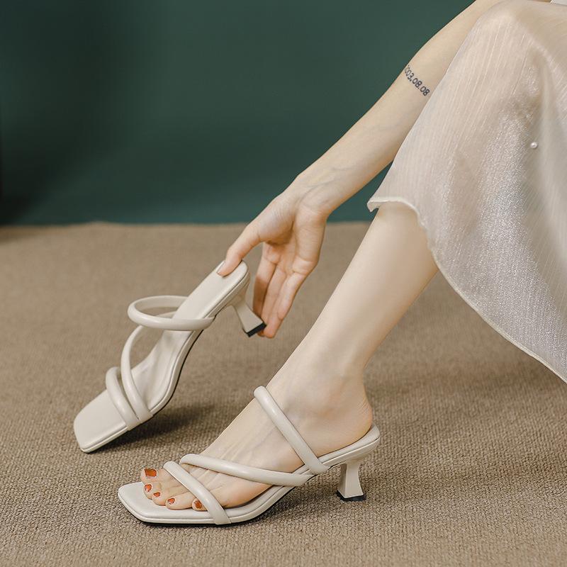 High-heeled Slippers, High-end Exterior Wear Fashion, Thin Heels 2025 New Summer Nude French Square Head One-word Cool Slippers