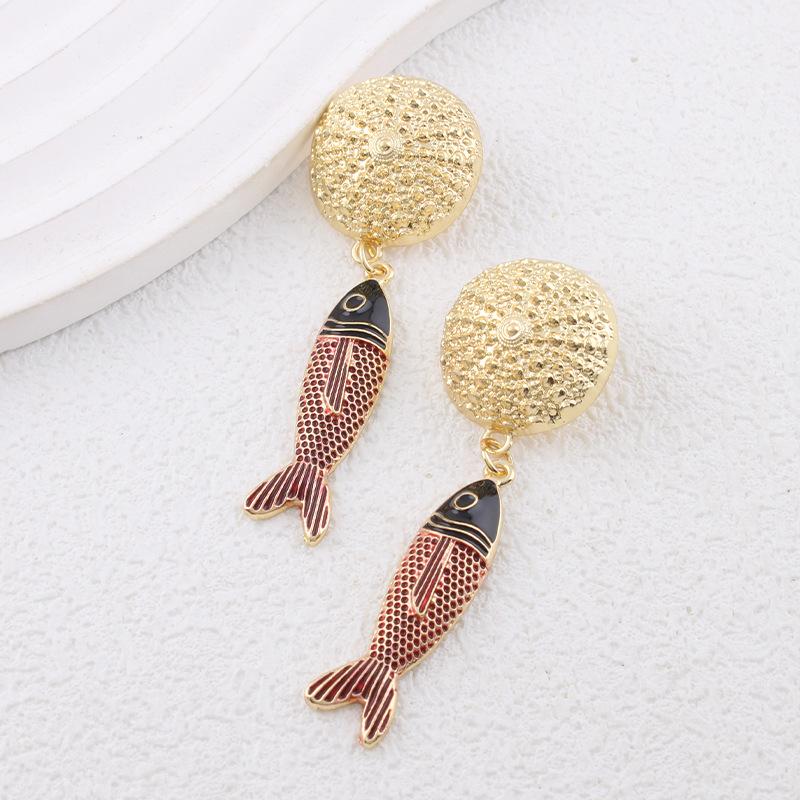 Red Dripping Oil Marine Animal Fish Pendant Seaside Earrings Personalized Vacation Style Earrings