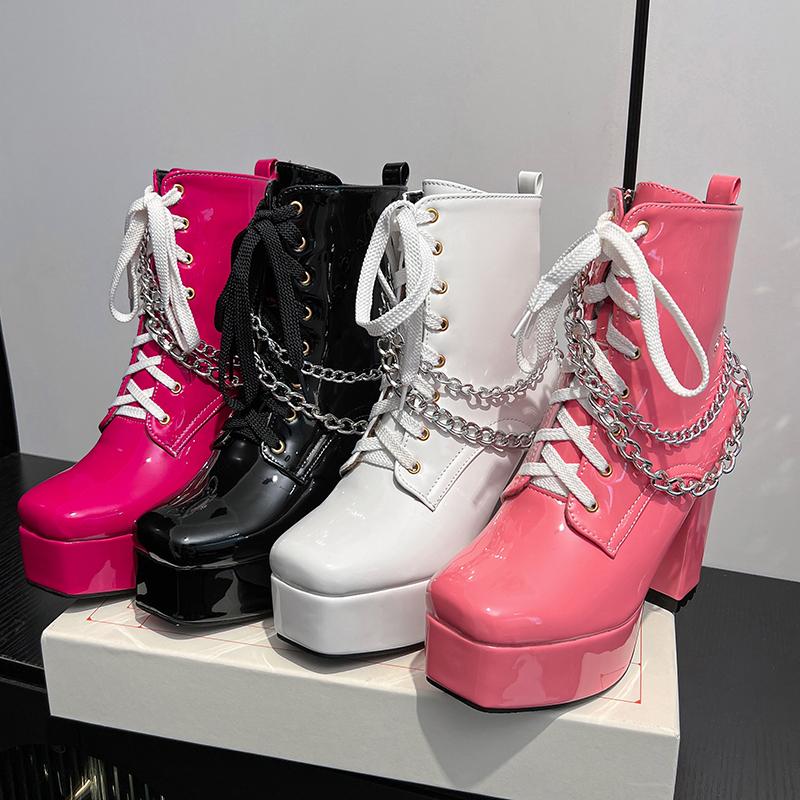 2026 High Gloss Patent Leather Lace Up Zipper Metal Chain Punk Style Short Boots Square Toe High Thick Heel Platform Boots