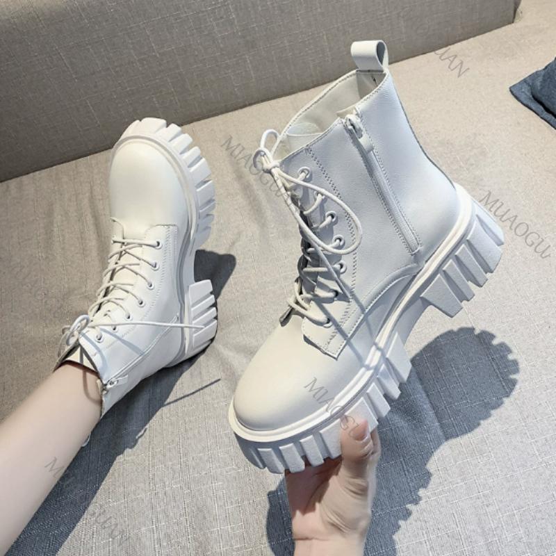 Women Autumn Winter Soft Leather Ankle Boots Platform Lace Up Chelsea Short Boots Thick Heel Black White