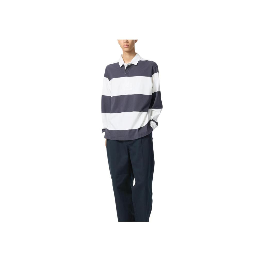 Uniqlo X JW Anderson Collaboration SS25 Striped Patchwork Design Loose Long Sleeve Polo Shirt Unisex Tops Navy-Blue 477796-69
