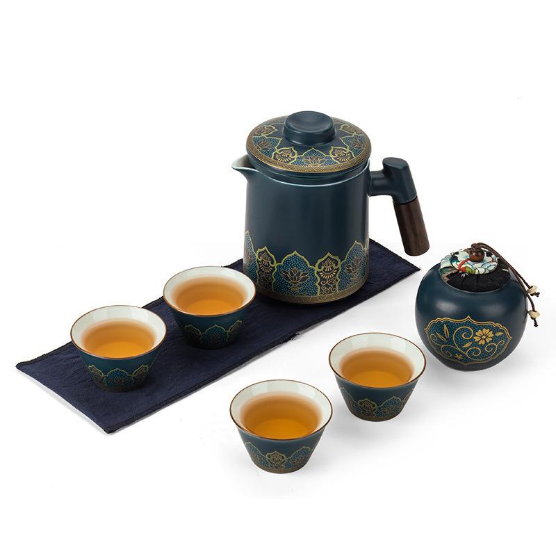 Portable ceramic one pot four cups travel tea set portable tea pot tea cup small set business gift express cup