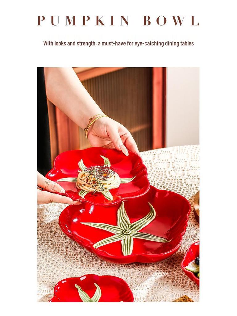 Tomato Ceramic Tableware: Tomato-Shaped Dinner Plates, Heart-Shaped Dessert Bowls, Festive Fruit Plate, Red Storage Jar.