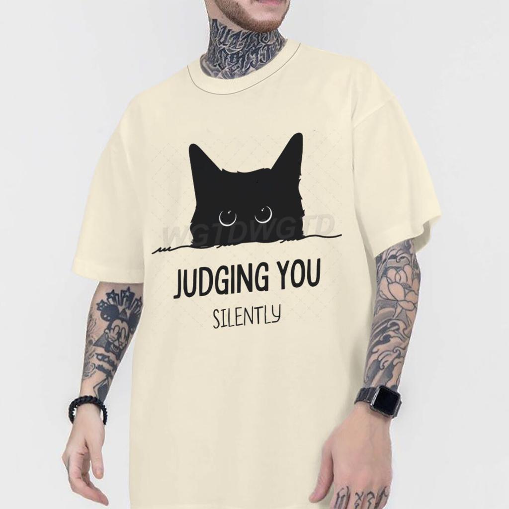 Judging You Silently Print T Shirt Men Women Sarcastic Humor Streetwear Short Sleeve Harajuku Cat Tee Male 100 Cotton Fun Shirt