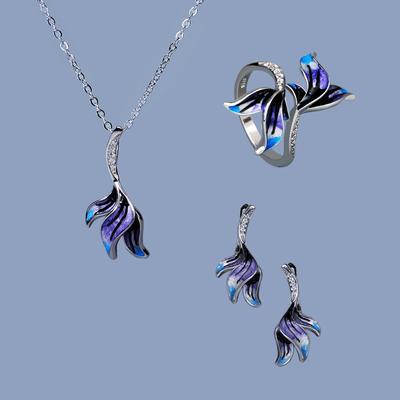 Set di timbri per donna Anello floreale a foglia bella Collana Orecchini a lobo Smalto Donna Tre pezzi