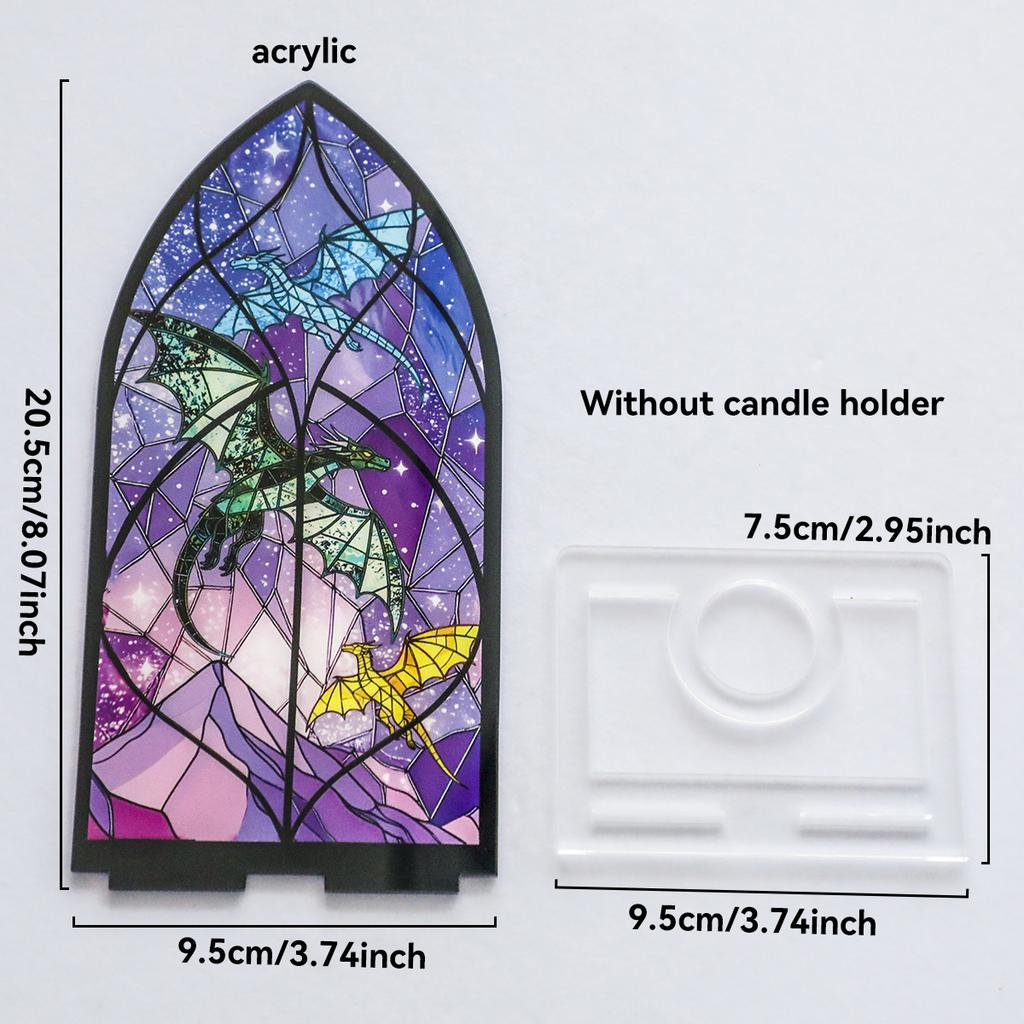 Acrylic Candle Holder Gothic Arch Design with Colorful Dragon & Starry Sky Pattern Tabletop Decor for Home,Living Room & Bedroom