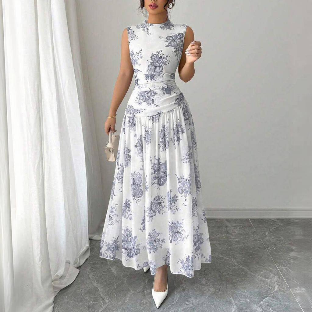 Ärmelloses Damen-Midikleid mit Blumendruck, Rundhalsausschnitt und gefalteter Taille, Elegantes lässiges Sommerkleid für den täglichen Gebrauch