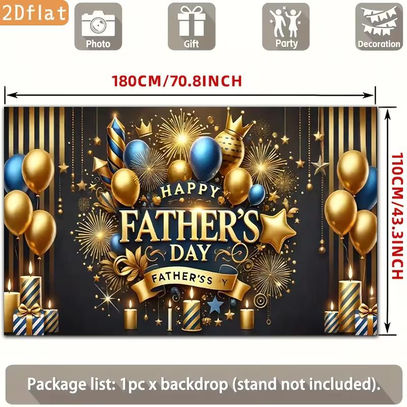 Happy Father's Day Backdrop, Black and Gold with Balloons, Candles and Fireworks for Father's Day Party