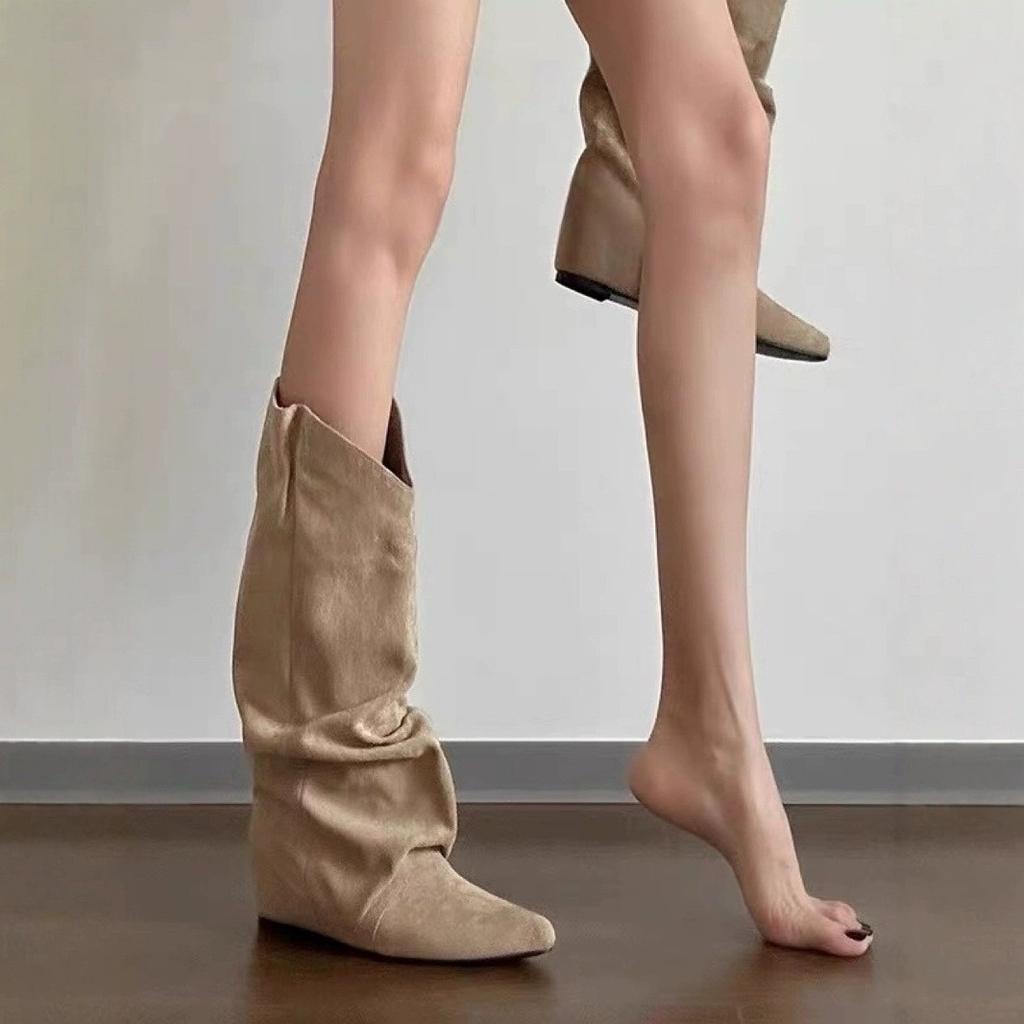 Super Soft Sheepskin~ Brown Western Cowboy Boots Versatile Wasteland Wind Piling Boots Women's Inner Height Increase and Thinness Retro Boots