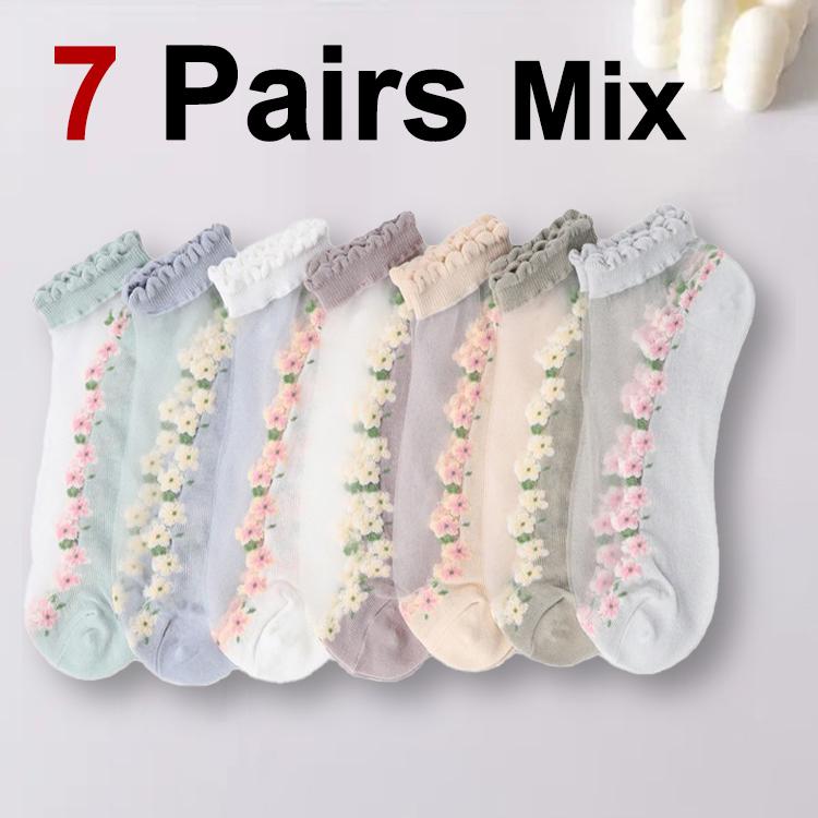 

7 пар женских прозрачных носков с цветочным принтом, модные милые кружевные впитывающие пот дышащие мягкие удобные повседневные носки One Size