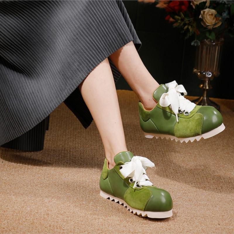 Johnature Genuine Leather Women's Shoes Casual Sports Lace-up Round Toe Versatile Flat Shoes