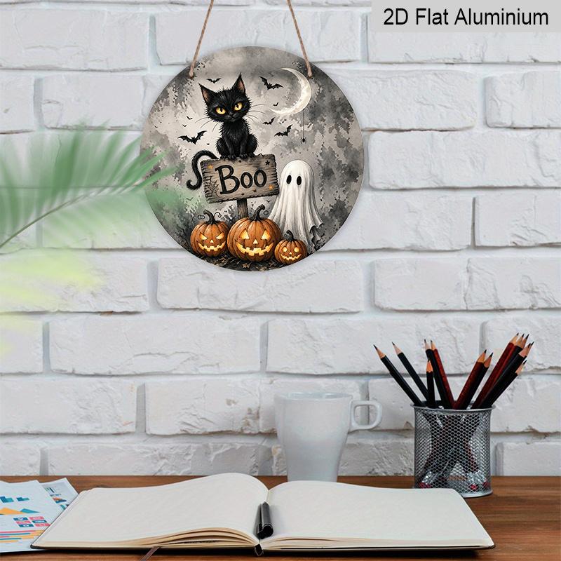 2D Flat, 1pc Round Aluminum Hanging Sign, Vintage Watercolor Black Cat Ghost Pumpkin Boo Printed Plaque, Spooky Rustic Farmhouse Halloween Front Door