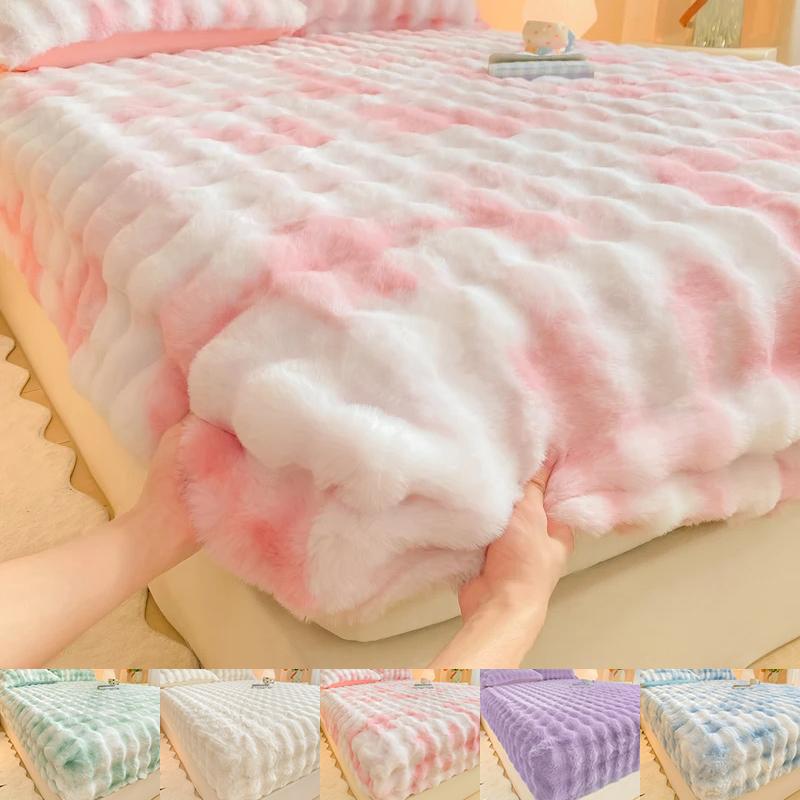 Flauschiges Plüsch Spannbettlaken für Winter Einfarbig Kaninchenfleece Bettlaken mit Gummizug Winter Warm Verdicken Matratzenschoner