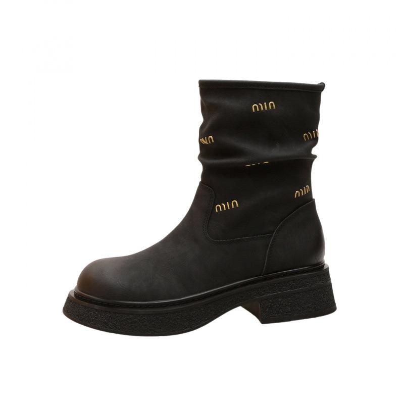 

Cowhide new letter leather boots women s cigarette boots thin short boots women s small thick-soled Martin boots 35