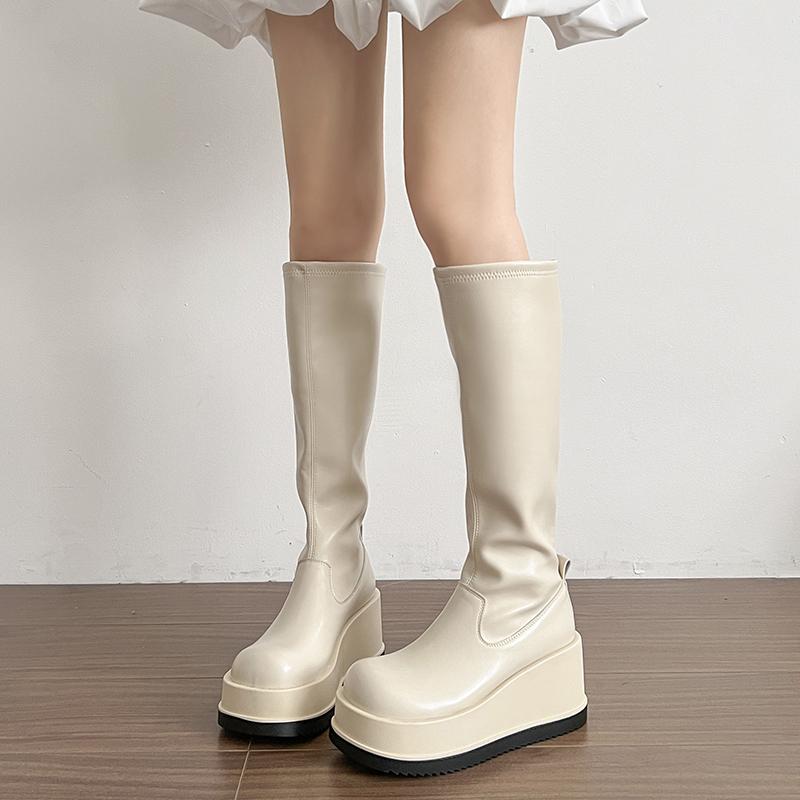 Punk Stil Plateau Keilabsatz Damen Kniehohe Stiefel Mode Slip On Höhenerhöhung Weibliche Ritter Stiefeletten