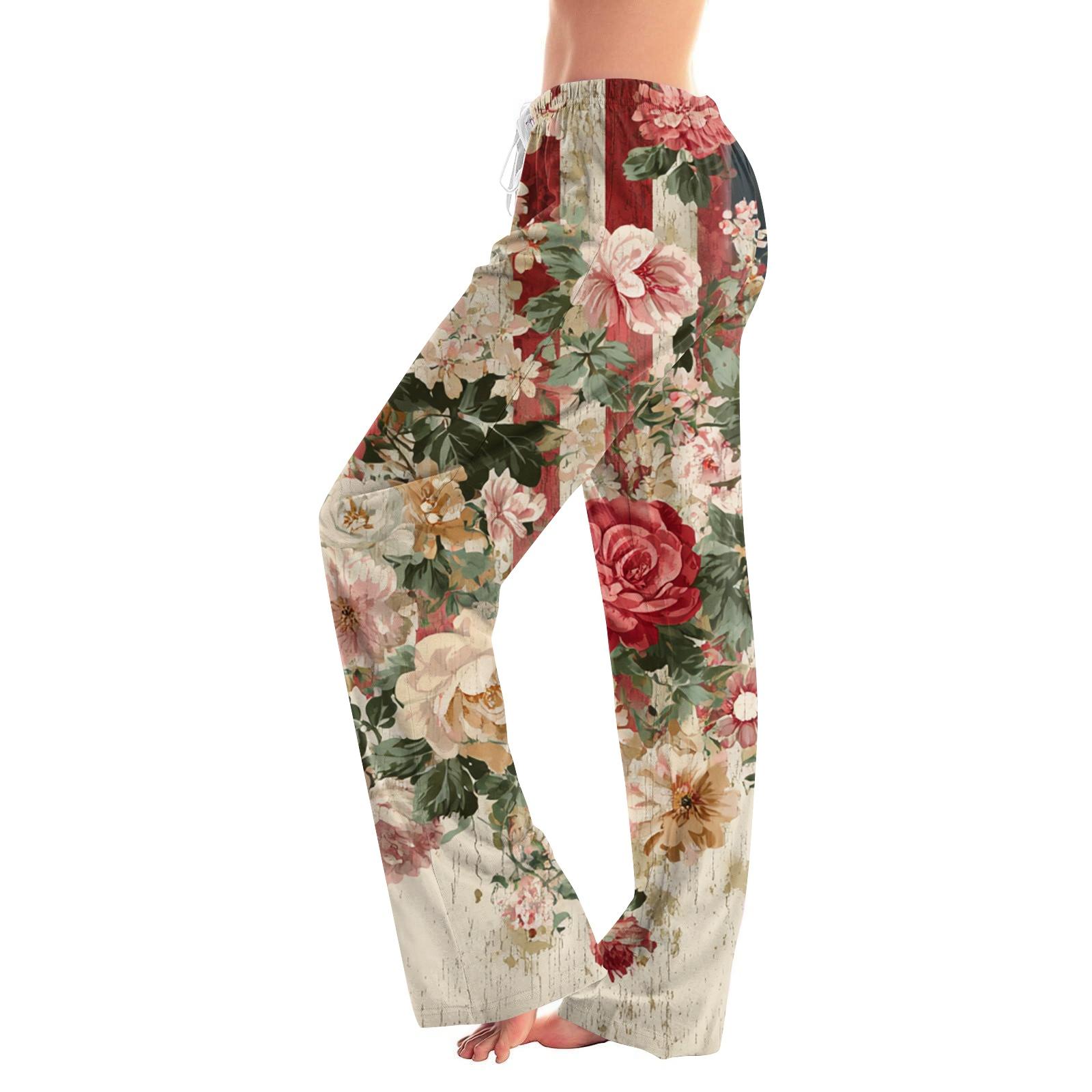

Women’s Wide Leg Floral Print Lounge Pants with Elastic Waistband and Drawstring for Comfortable Fit Relaxed Style L бежевый