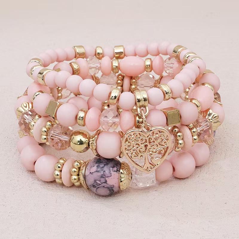 Bohemian Heart Tree Charm Bead Bracelets Set New Statement Multilayered Bracelets Pendant Charm Stretch Bangles Female Jewelry