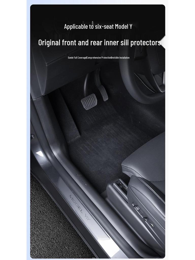 Tesla Model YL Accessories: Updated 6-Seater Door Sill Strips, Center Console Anti-Kick Panels, and Front/Rear Seat Protectors.