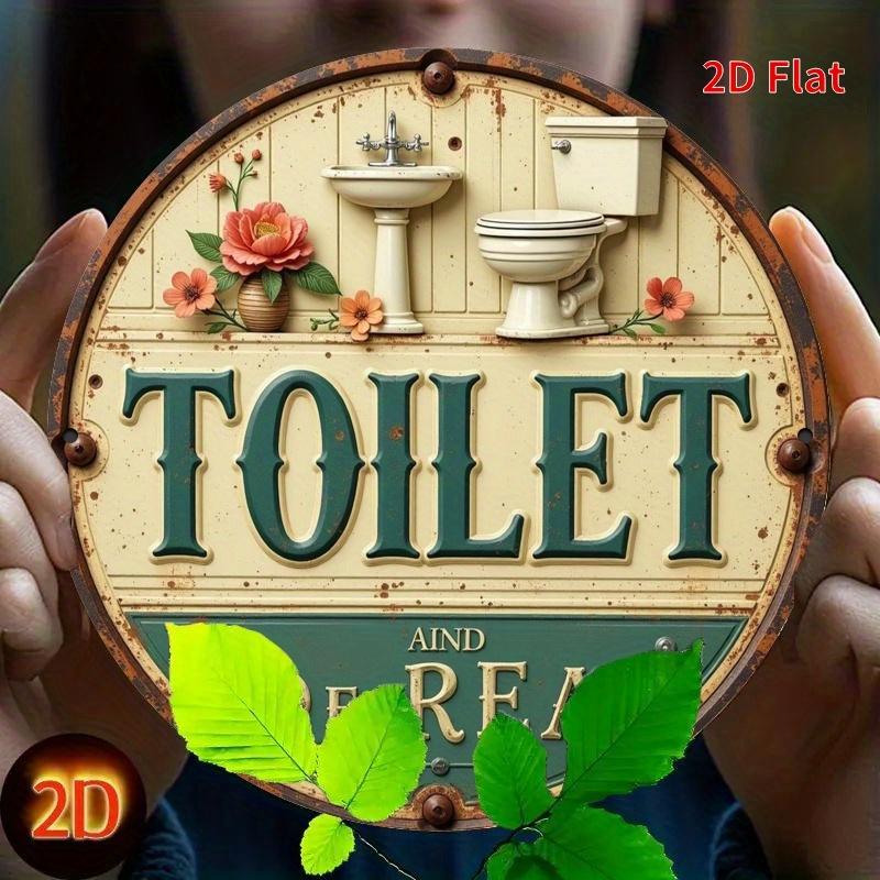 D Flat Vintage Floral Toilet Sign Rustic Round Iron Wall Art with Restroom Decor Easy to Hang Ideal for Home Office Kit