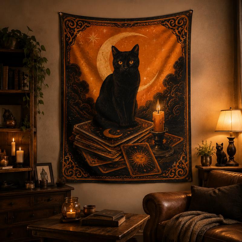 Vintage Tarot Black Cat Tapestry, Halloween Wall Hanging. Witchcraft-Printed Tapestry, Divination Altar Home Decor