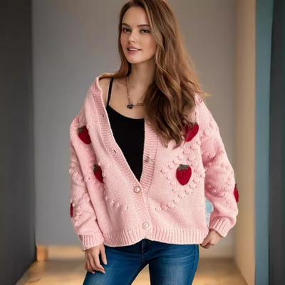 Autumn and Winter Hook Flower Embroidery Three-dimensional Strawberry Fried Dough Twists Pearl Button Knitting Sweater Cardigan Coat 3520