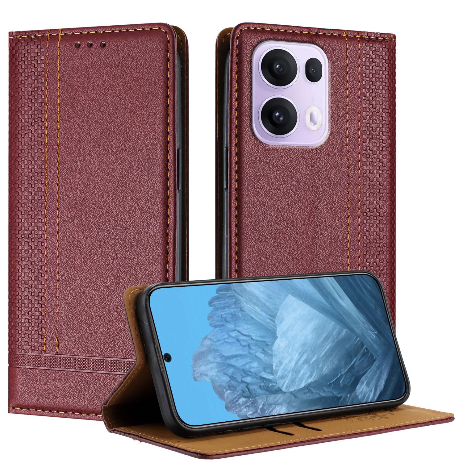 

For Oppo Reno13 Pro 5G Case L-Shaped Grid Pattern Leather Stand Phone Cover with Card Slots Wine Red