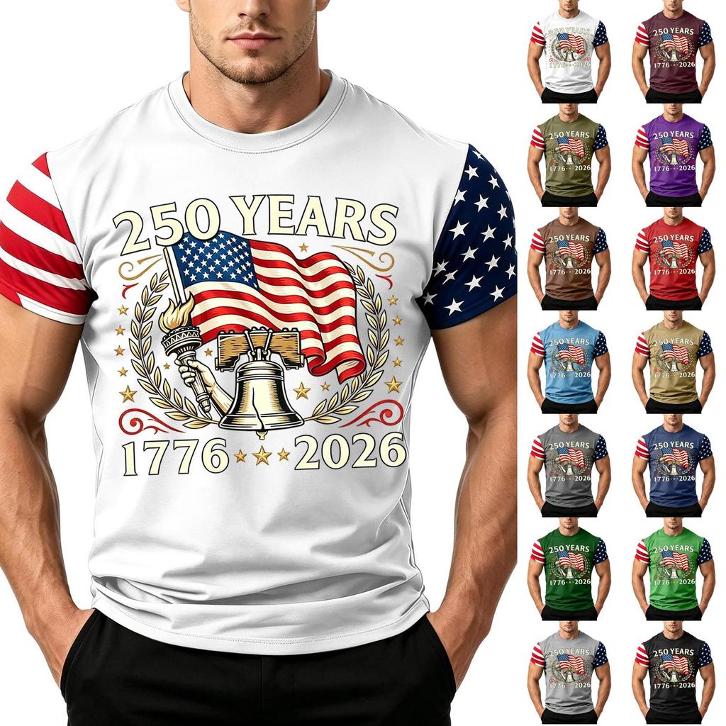 Herren Lockere Passform Kurzarm Freizeit T-Shirt Unabhängigkeitstag Flaggenaufdruck Sommer Tägliches Tragen Leichtes Bequemes Oberteil