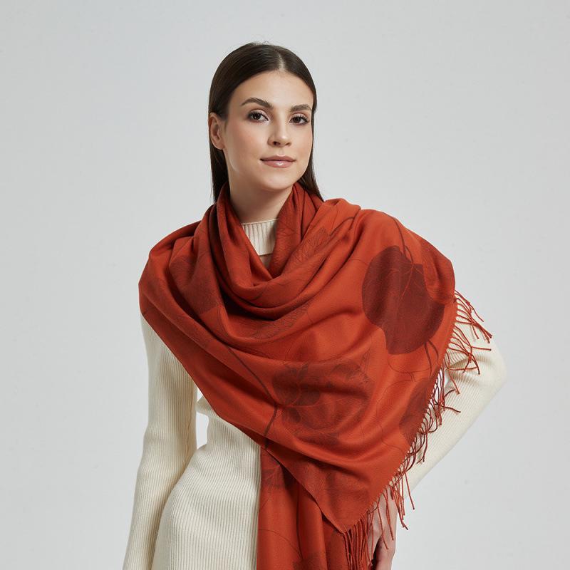 Long Digital Print Cashmere-Like Scarf, Leaf & Orange Design with Tassels, Warm Coffee Color Shawl for Women, Perfect for Spring & Autumn